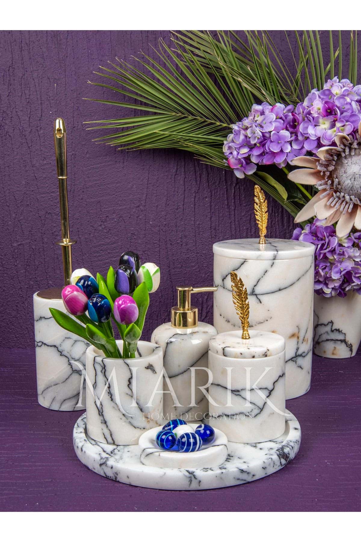 Dekoratif Leylak Beyaz Mermer Gold Tüy Detaylı 7 Li Banyo Seti Takımı resmi