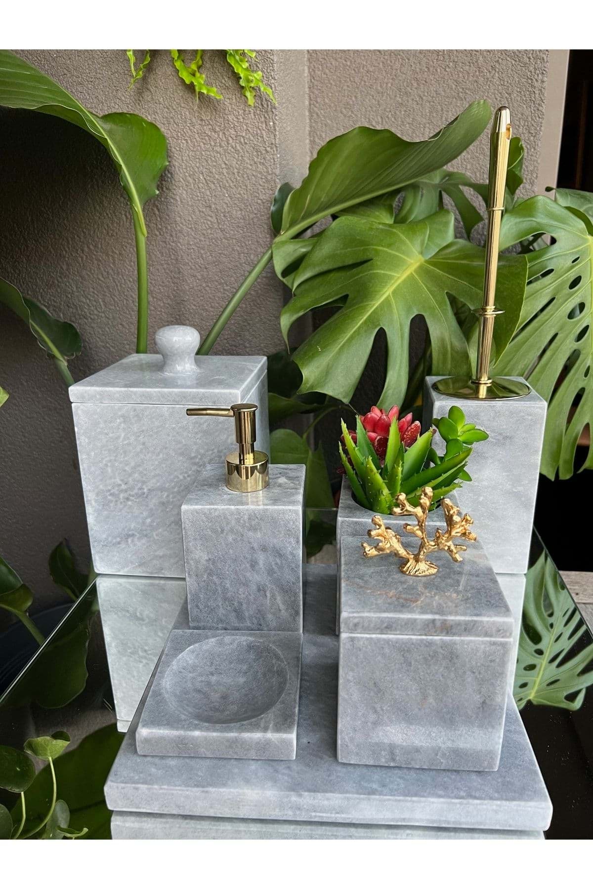 Dekoratif Grı Mermer Gold Mercan Detaylı 7 Li Kare Banyo Seti Takımı resmi