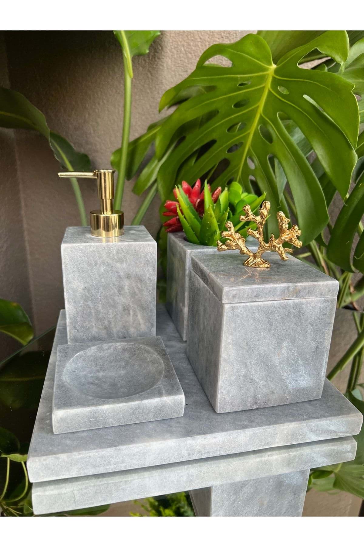 Dekoratif Grı Mermer Düz Kare Gold Mercan Detaylı 5 Li Banyo Seti Takımı resmi