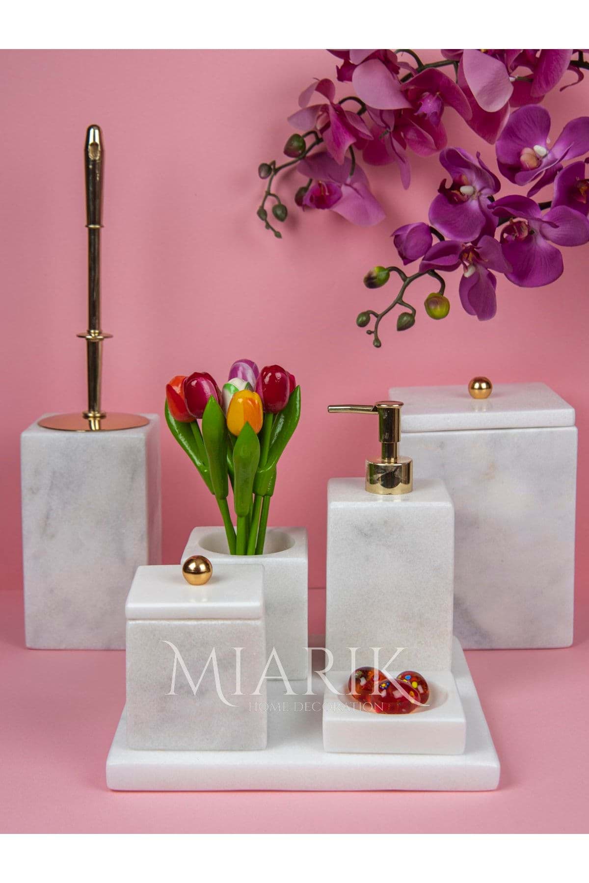 Dekoratif Beyaz Mermer Gold Top Detaylı 7 Li Kare Banyo Seti Takımı resmi