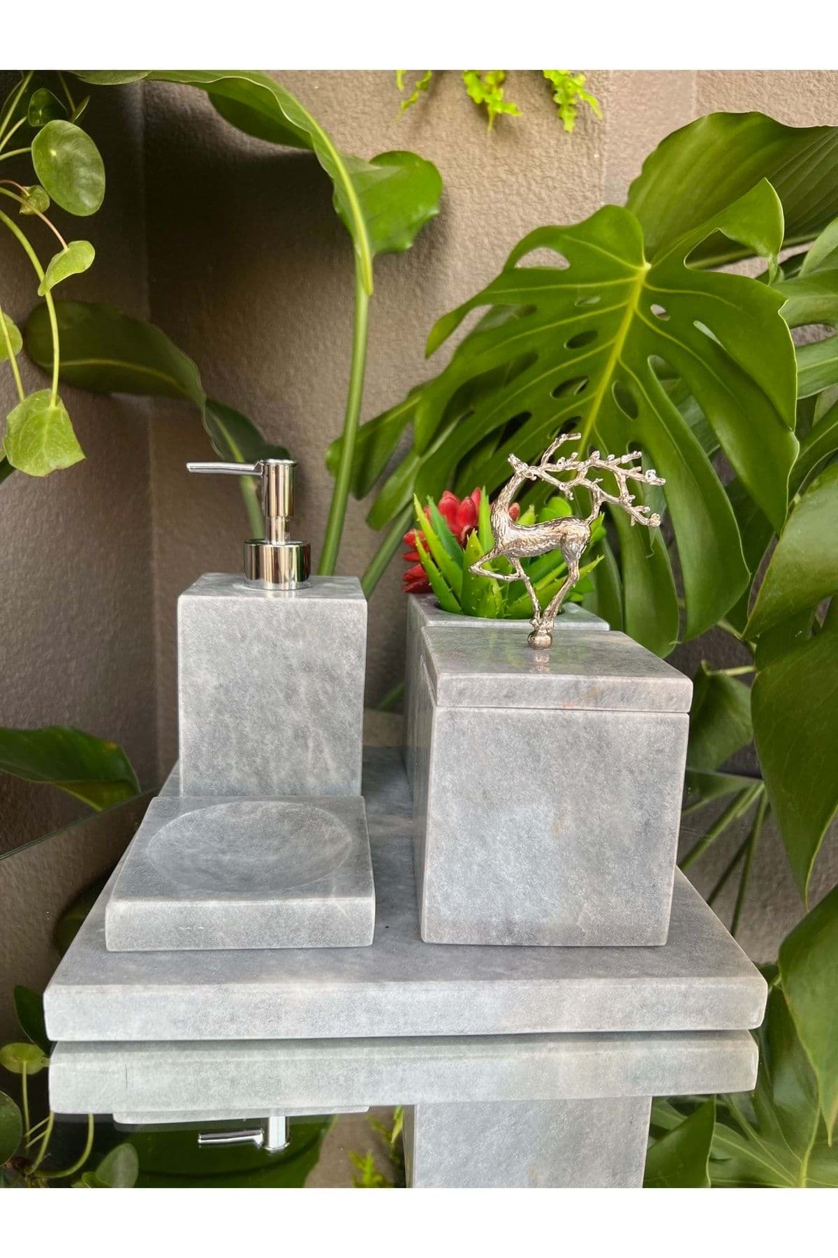 Dekoratif Grı Mermer Düz Kare Gümüş Uçan Geyik Detaylı 5 Li Banyo Seti Takımı resmi
