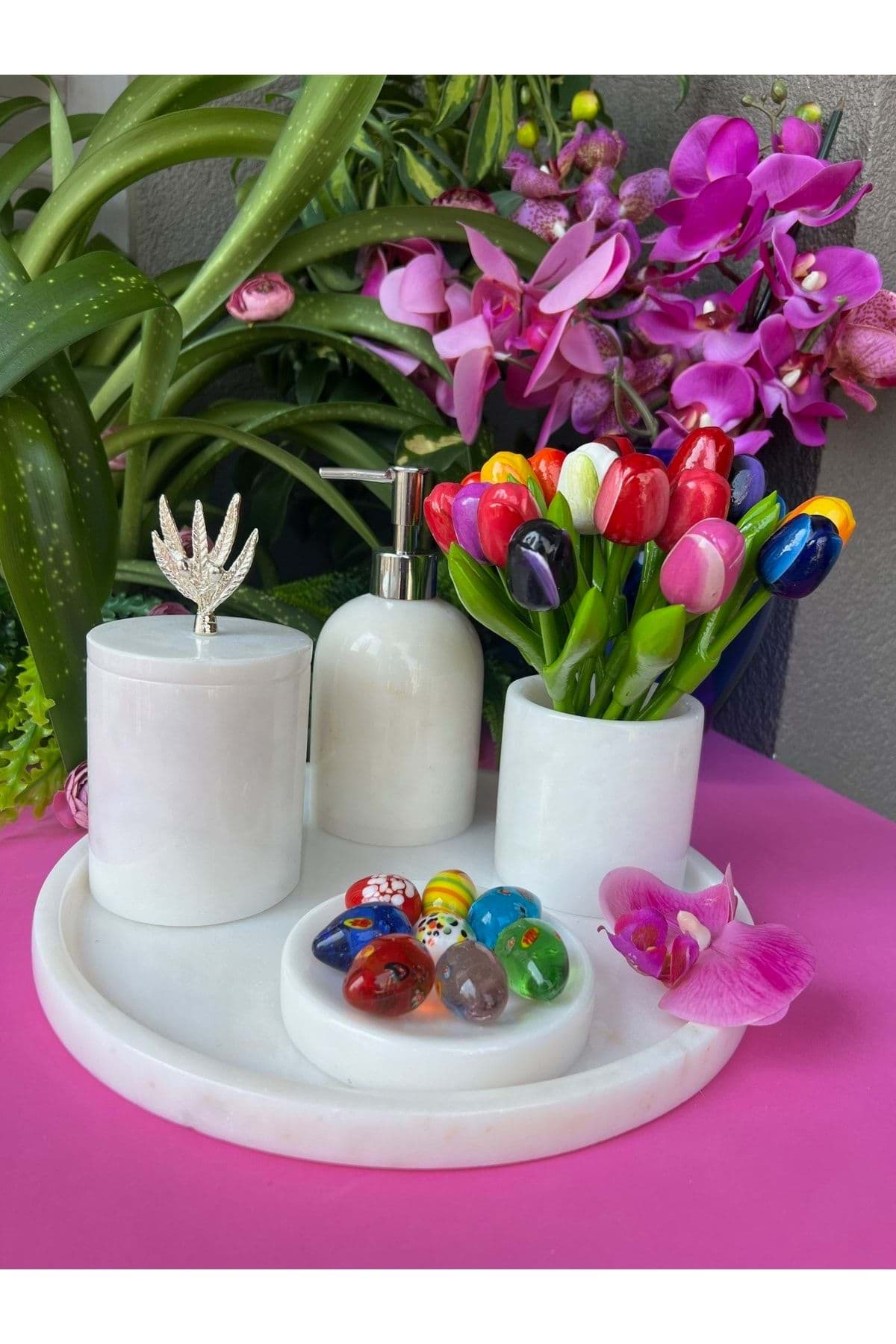 Dekoratif Beyaz Mermer Gümüş Zeytin Dalı Detaylı 5 Li Banyo Seti Takımı resmi