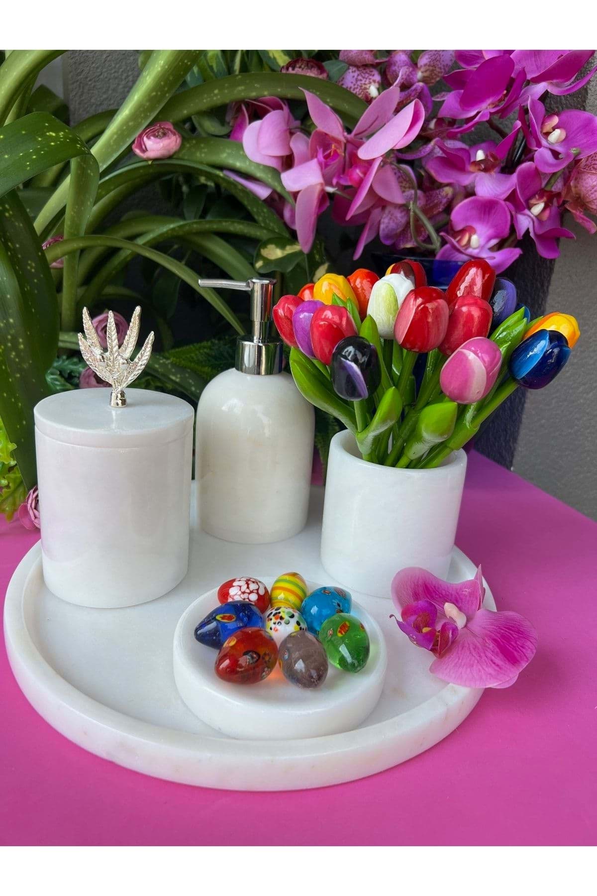 Dekoratif Beyaz Mermer Gümüş Zeytin Dalı Detaylı 5 Li Banyo Seti Takımı resmi