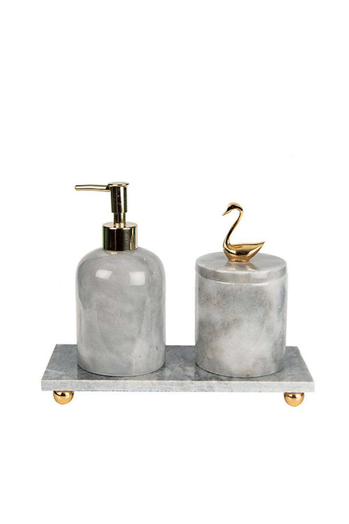 Dekoratif Grı Mermer Gold Kuğu Detaylı 3 Lu Banyo Seti Takımı resmi