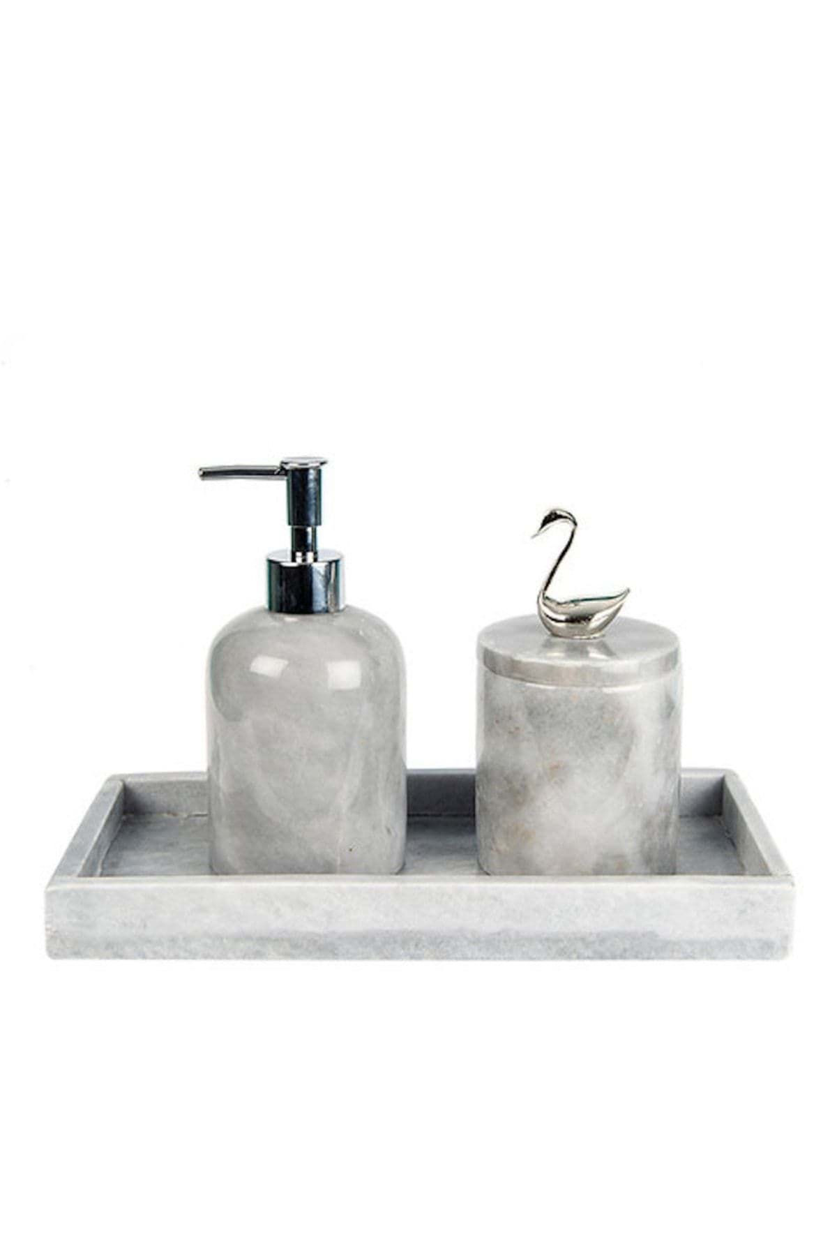 Dekoratif Gri Mermer Gümüş Kuğu Detaylı Dikdortgen Tepsı 3 Lu Banyo Seti Takımı resmi