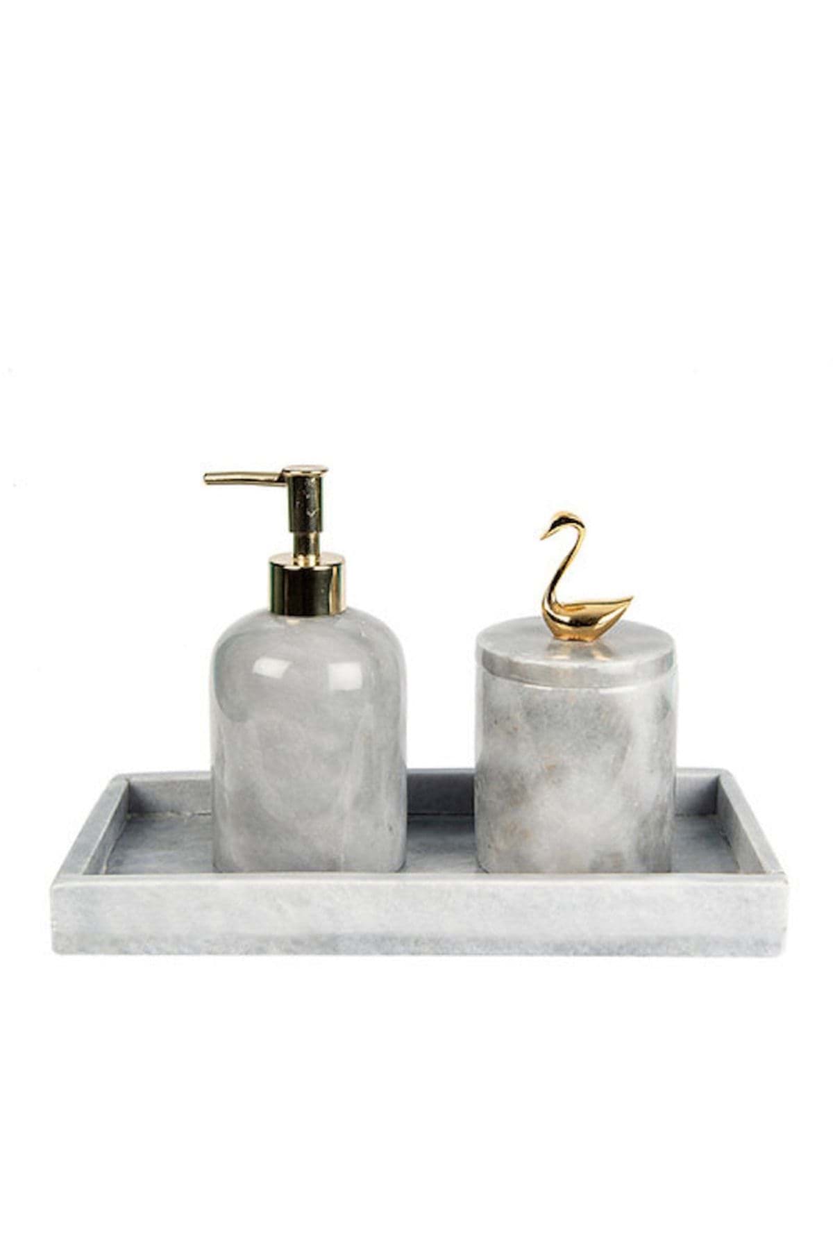Dekoratif Gri Mermer Altın Kuğu Detaylı Dikdortgen Tepsı 3 Lu Banyo Seti Takımı resmi