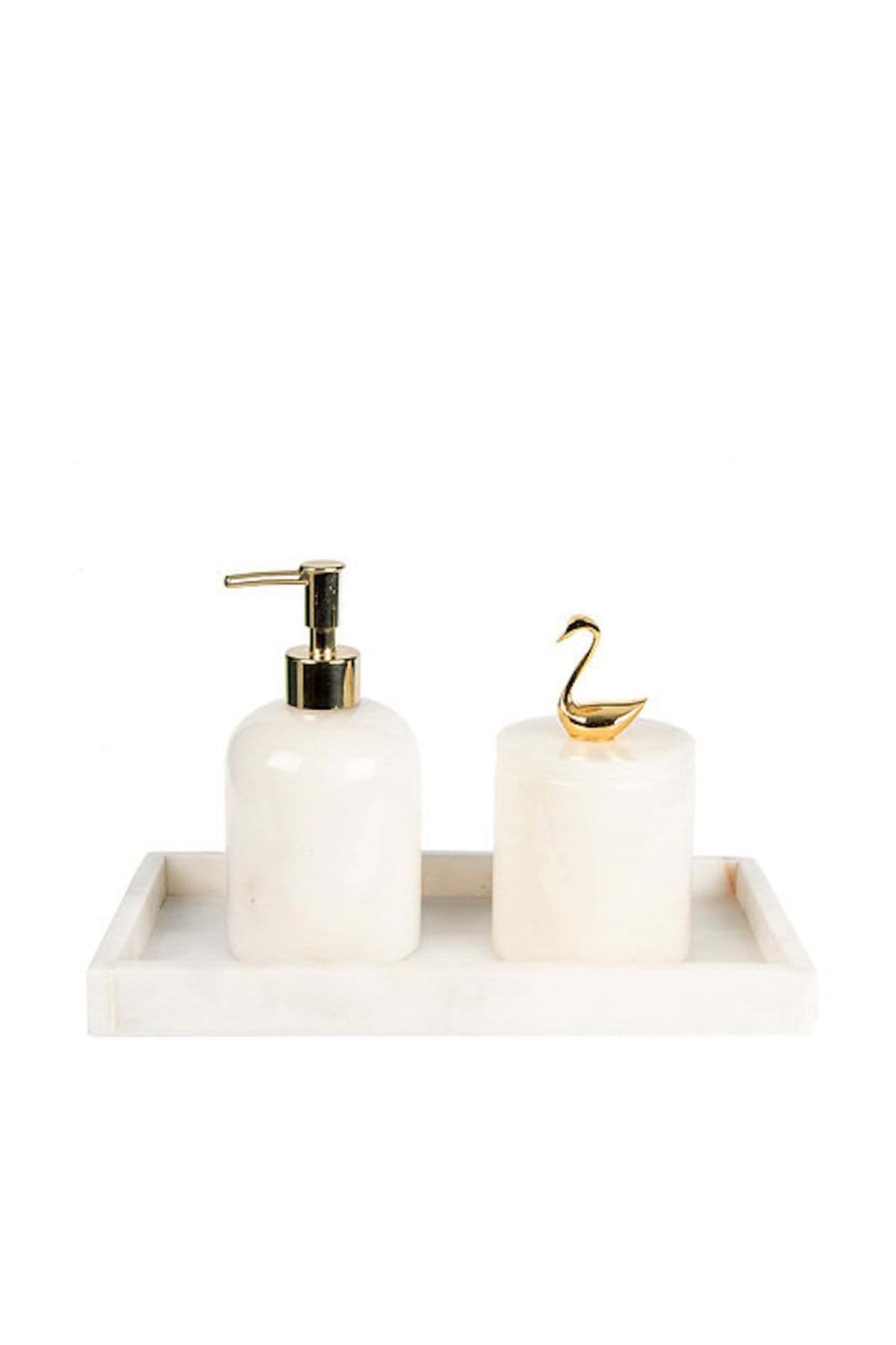 Dekoratif Beyaz Mermer Altın Gold Kuğu Detaylı Dikdortgen Tepsı 3 Lu Banyo Seti Takımı resmi