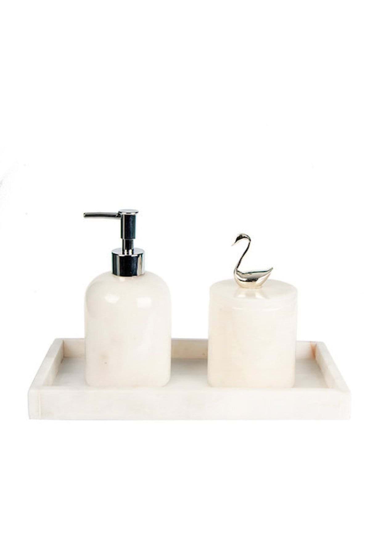 Dekoratif Beyaz Mermer Gümüş Kuğu Detaylı Dikdortgen Tepsı 3 Lu Banyo Seti Takımı resmi