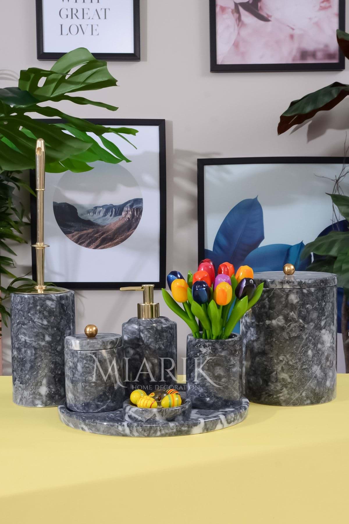 Dekoratif Doğal Koyu Gri Bursa Siyah Mermer Banyo Seti 7li Gold resmi