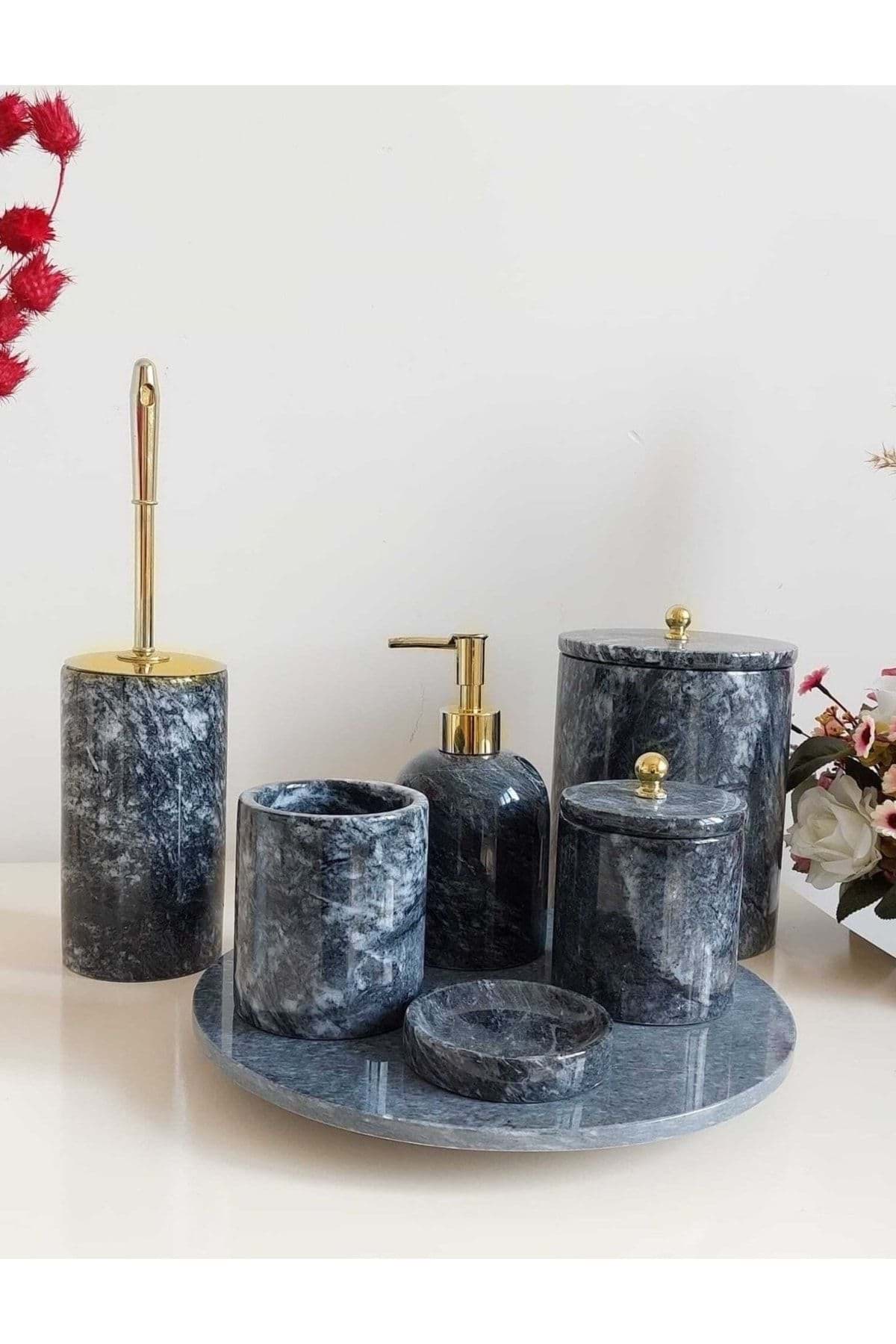 Dekoratif Doğal Koyu Gri Bursa Siyah Mermer Banyo Seti 7li Gold resmi