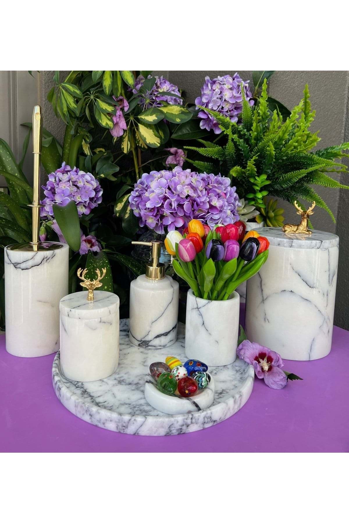 Dekoratif Leylak Beyaz Mermer Gold Geyik Farklı Detaylı 7 Li Banyo Seti Takımı resmi