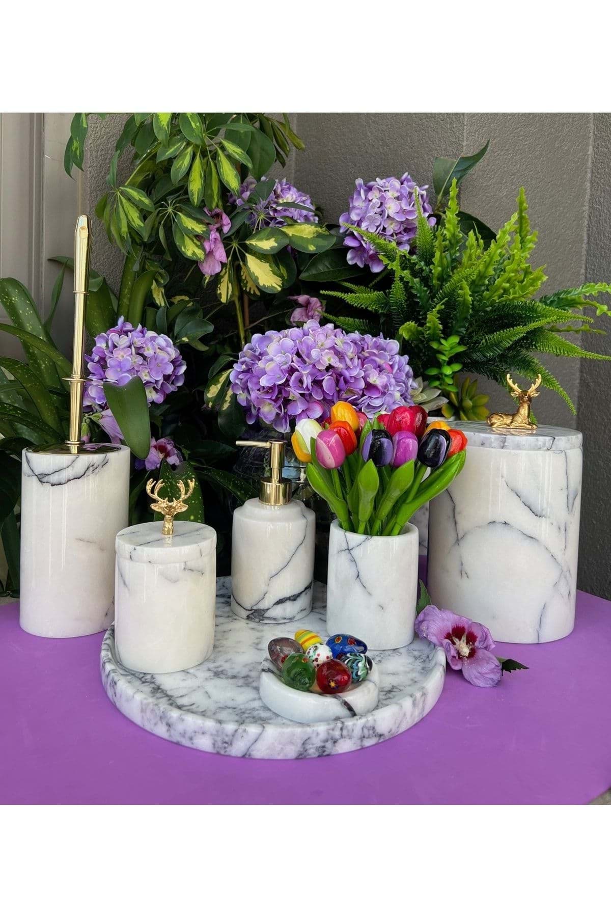 Dekoratif Leylak Beyaz Mermer Gold Geyik Farklı Detaylı 7 Li Banyo Seti Takımı resmi