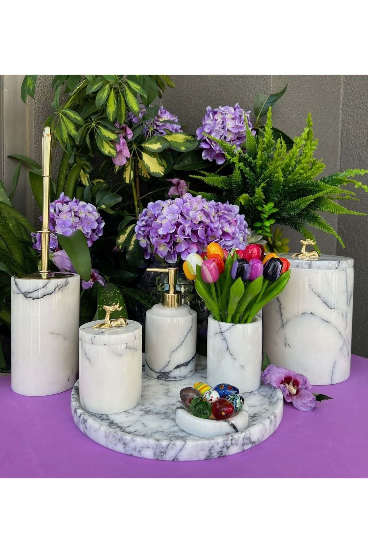 Dekoratif Leylak Beyaz Mermer Gold Ceylan2 Detaylı 7 Li Banyo Seti Takımı resmi