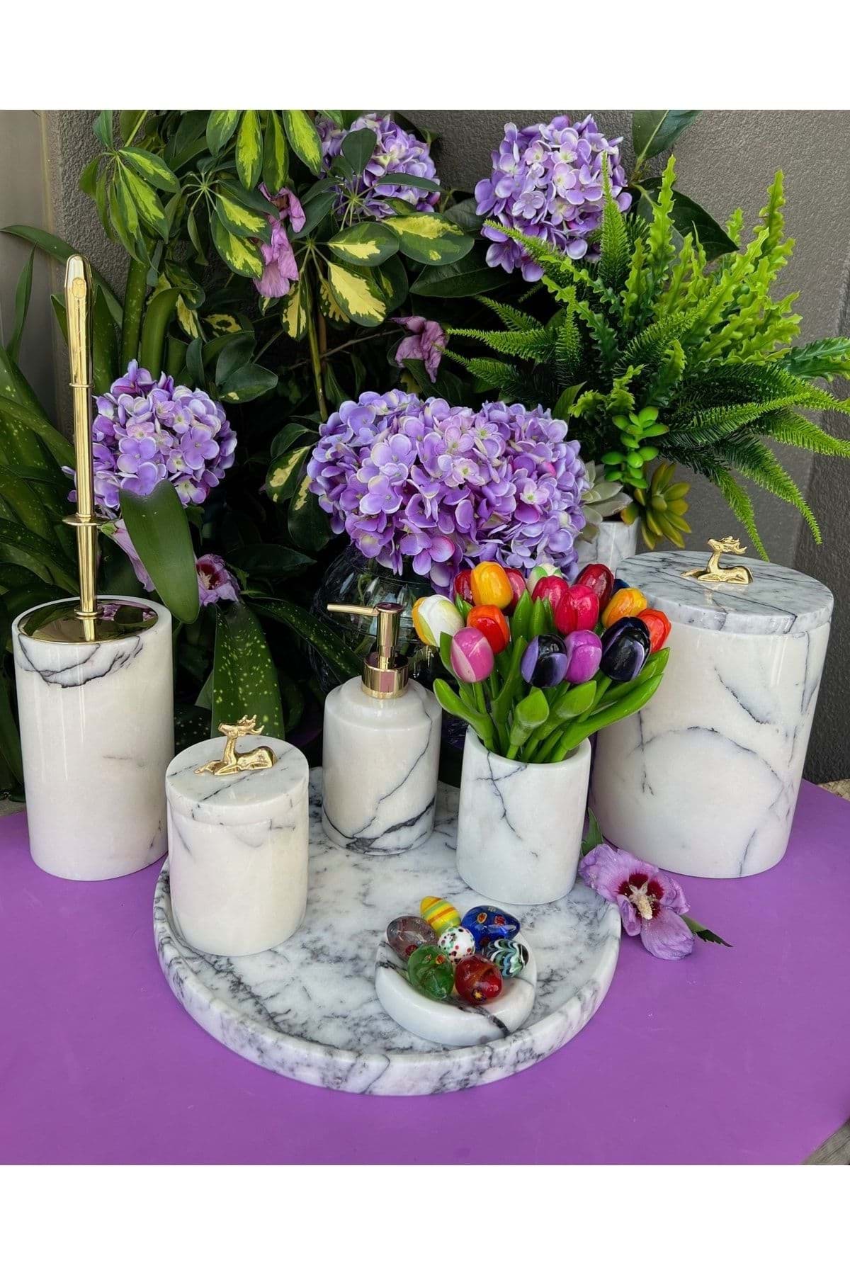 Dekoratif Leylak Beyaz Mermer Gold Ceylan2 Detaylı 7 Li Banyo Seti Takımı resmi