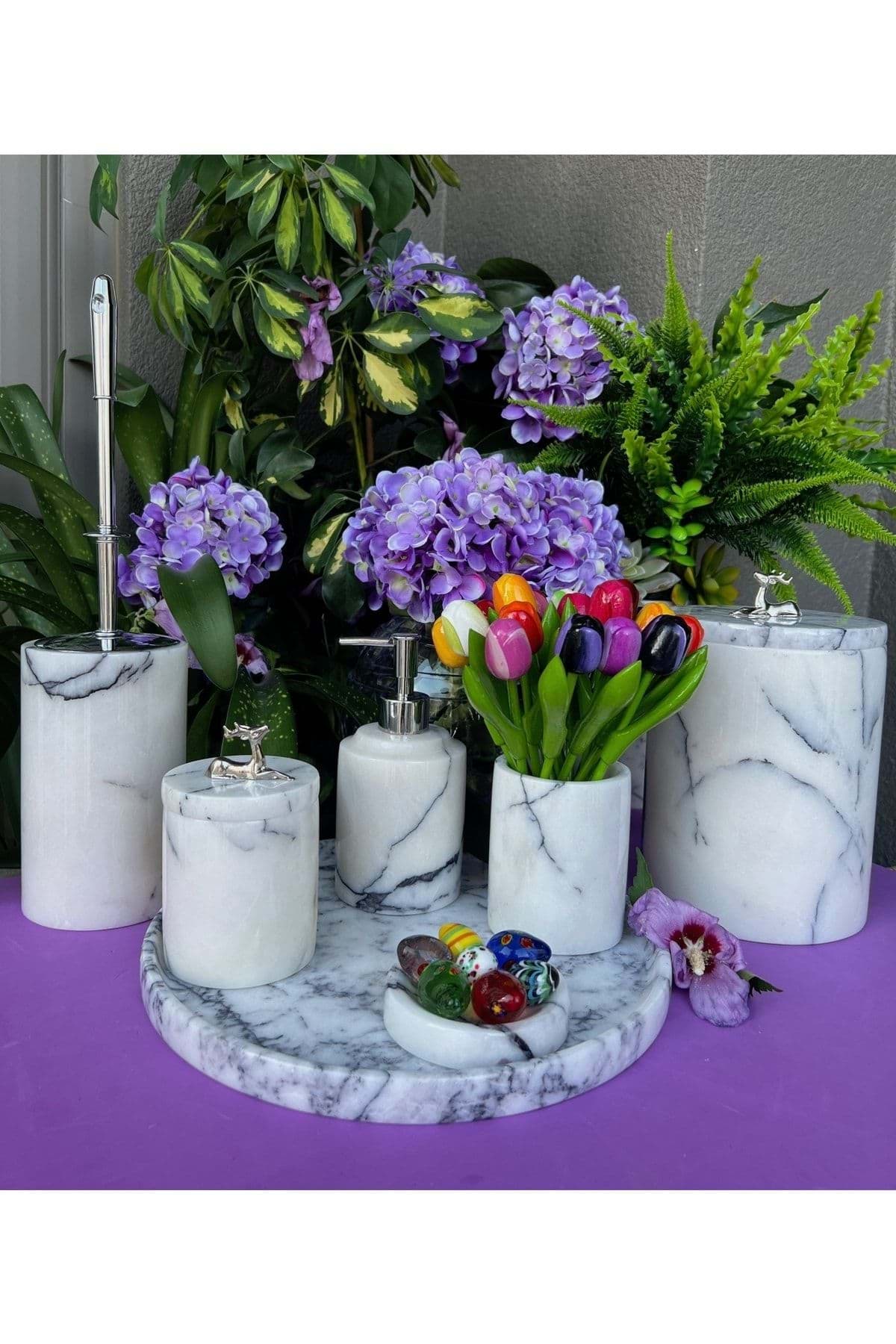 Dekoratif Leylak Beyaz Mermer Gümüş Ceylan2 Detaylı 7 Li Banyo Seti Takımı resmi