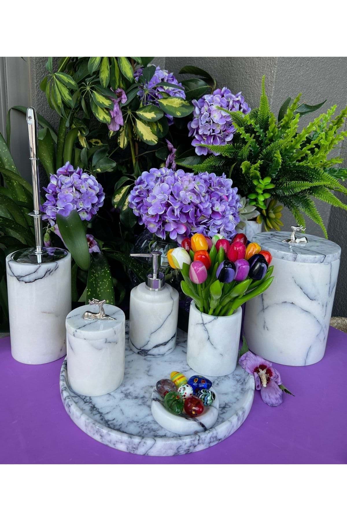 Dekoratif Leylak Beyaz Mermer Gümüş Ceylan2 Detaylı 7 Li Banyo Seti Takımı resmi