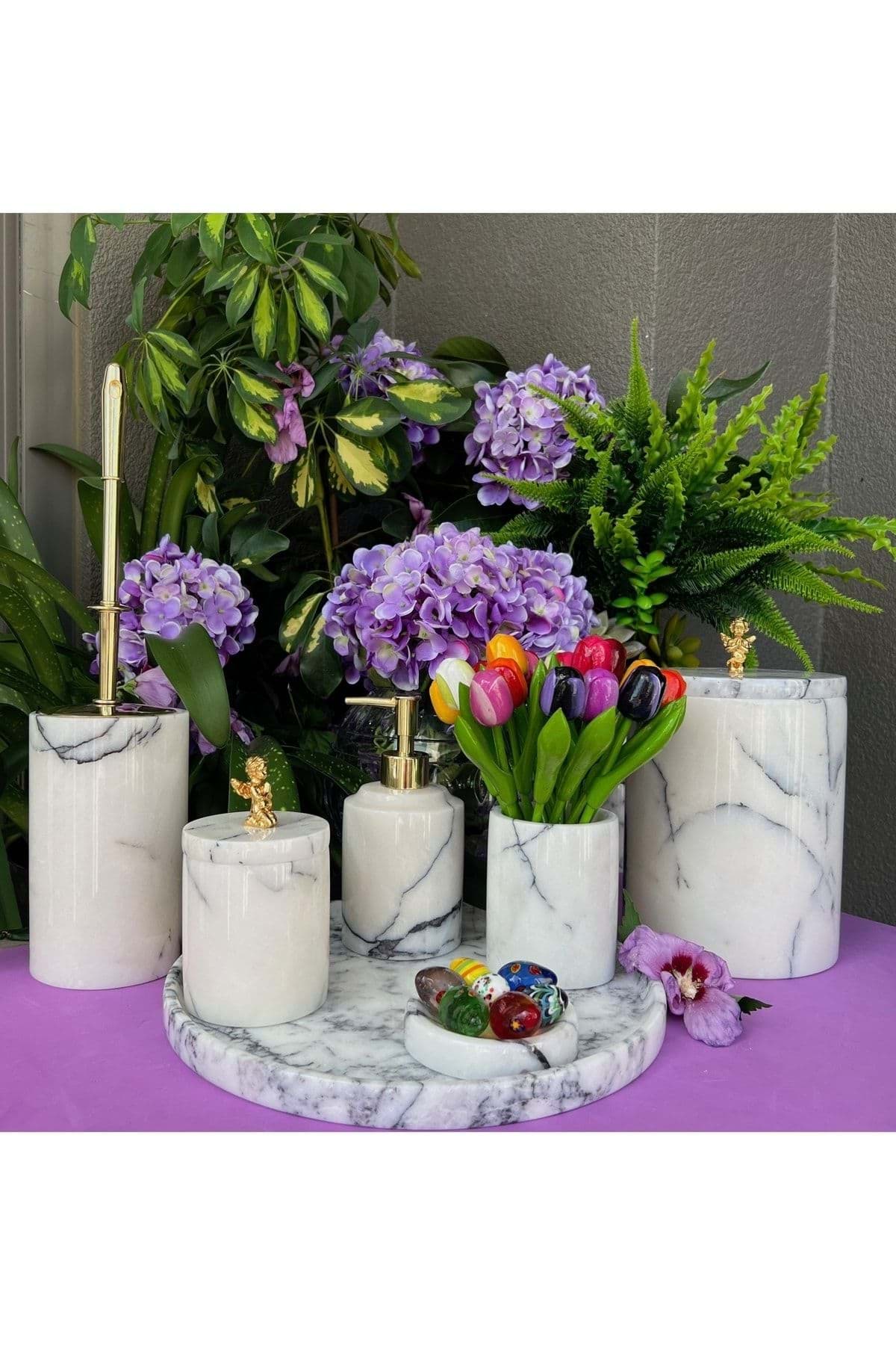 Dekoratif Leylak Beyaz Mermer Gold Melek Detaylı 7 Li Banyo Seti Takımı resmi