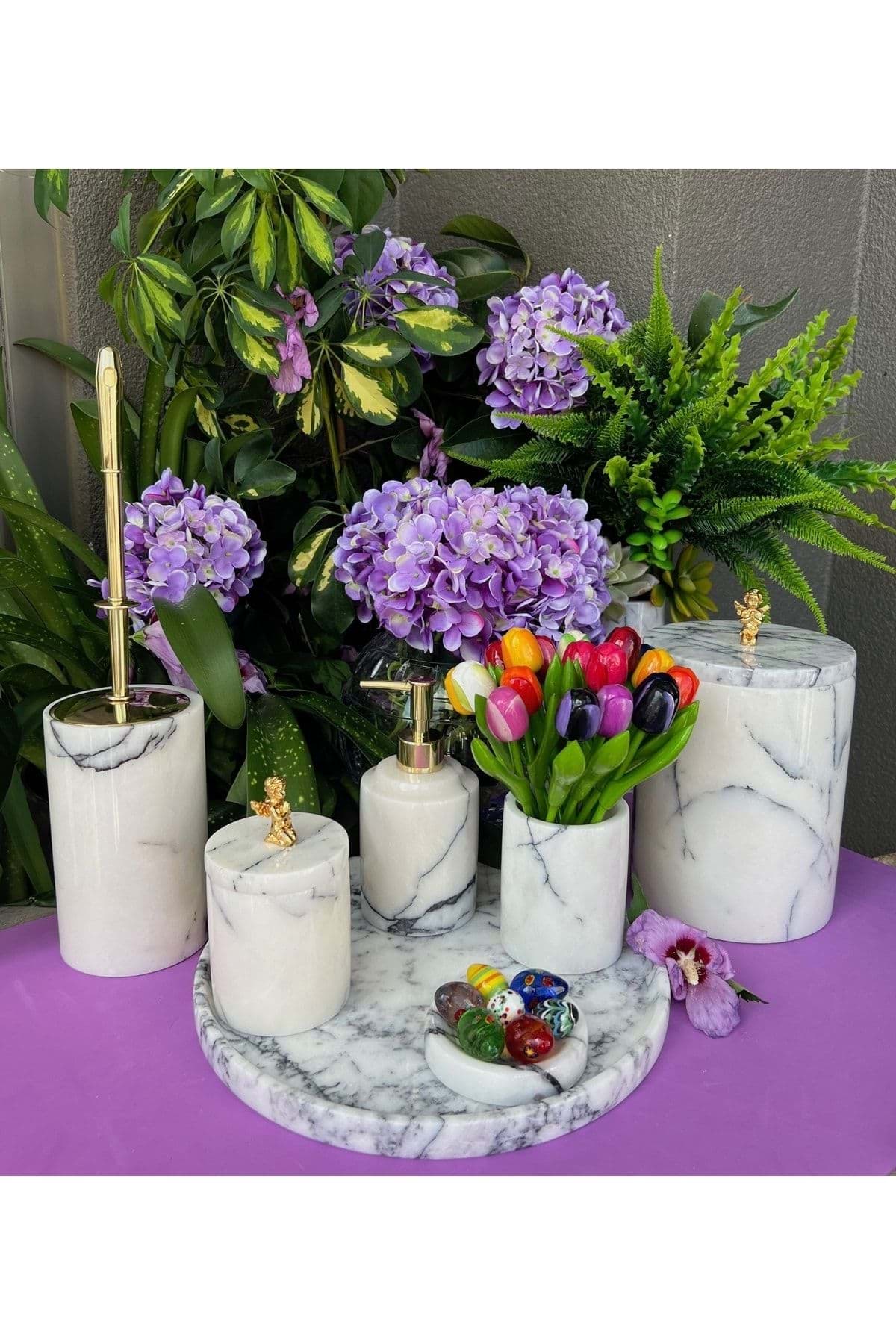 Dekoratif Leylak Beyaz Mermer Gold Melek Detaylı 7 Li Banyo Seti Takımı resmi