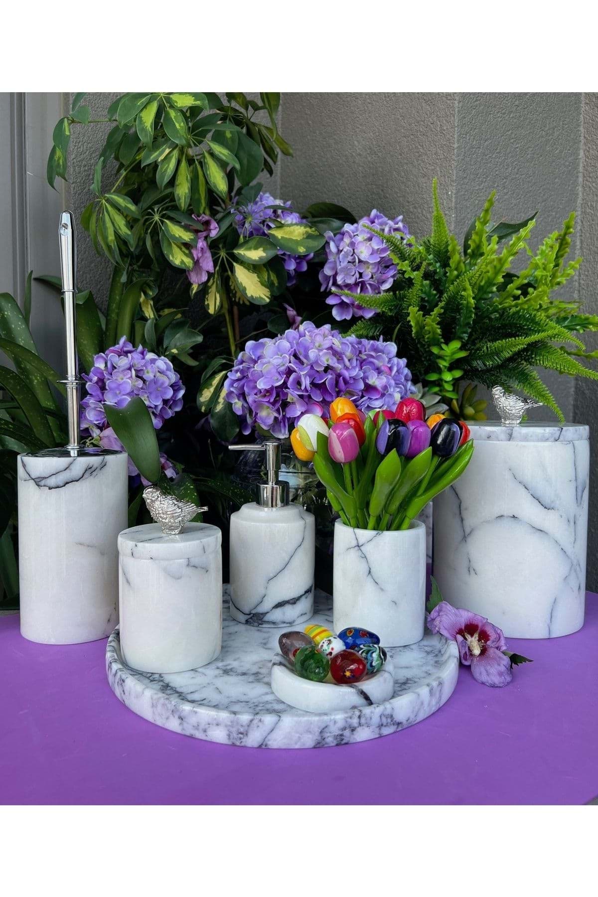 Dekoratif Leylak Beyaz Mermer Gümüş Kuş Detaylı 7 Li Banyo Seti Takımı resmi