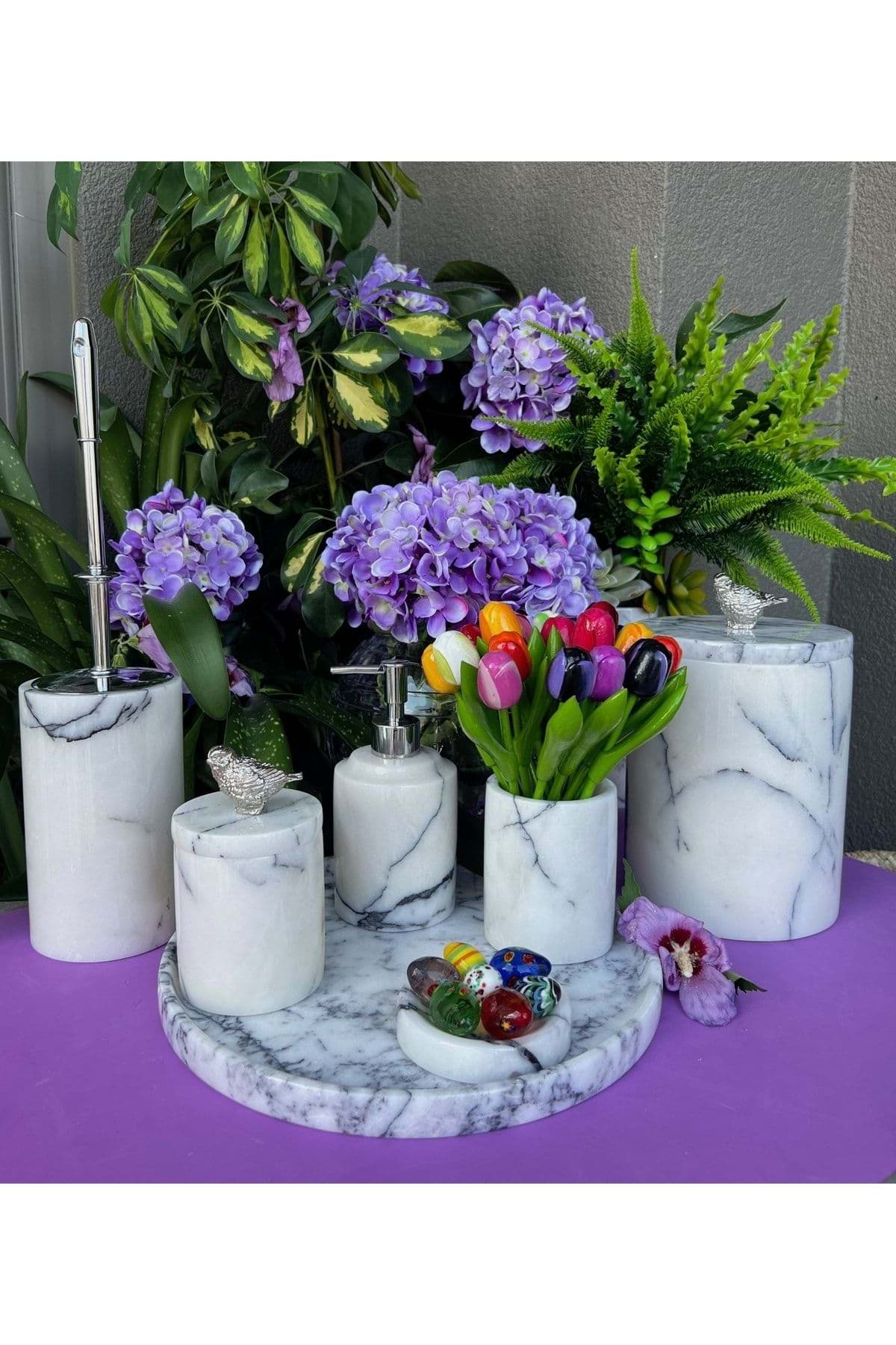 Dekoratif Leylak Beyaz Mermer Gümüş Kuş Detaylı 7 Li Banyo Seti Takımı resmi