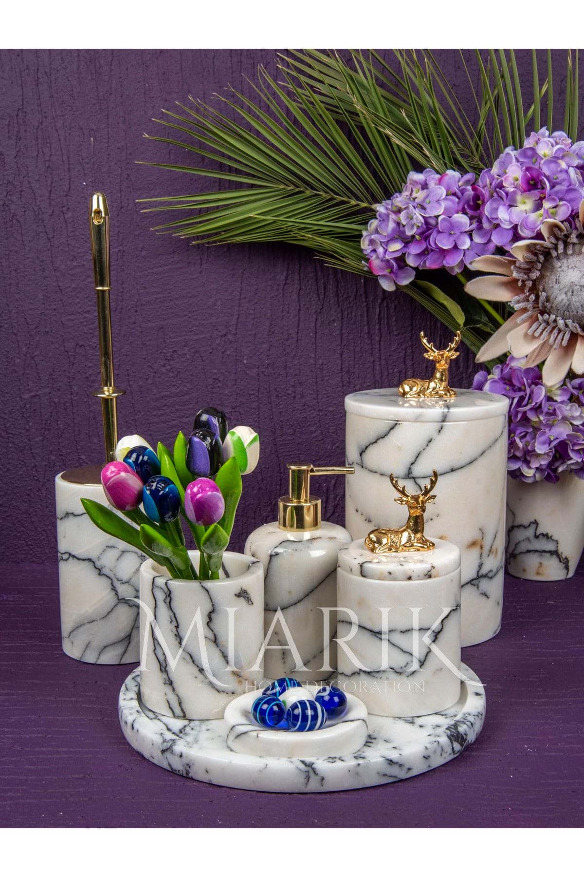 Dekoratif Leylak Beyaz Mermer Gold Oturan Geyik Detaylı 7 Li Banyo Seti Takımı resmi