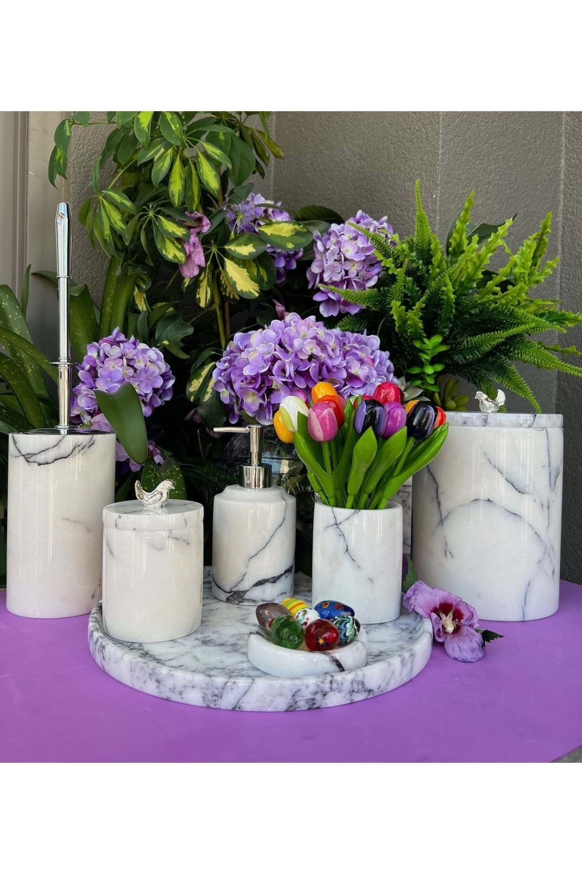 Dekoratif Leylak Beyaz Mermer Gümüş Serçe Detaylı 7 Li Banyo Seti Takımı resmi