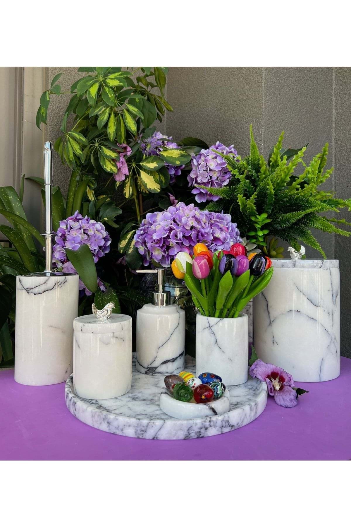 Dekoratif Leylak Beyaz Mermer Gümüş Serçe Detaylı 7 Li Banyo Seti Takımı resmi