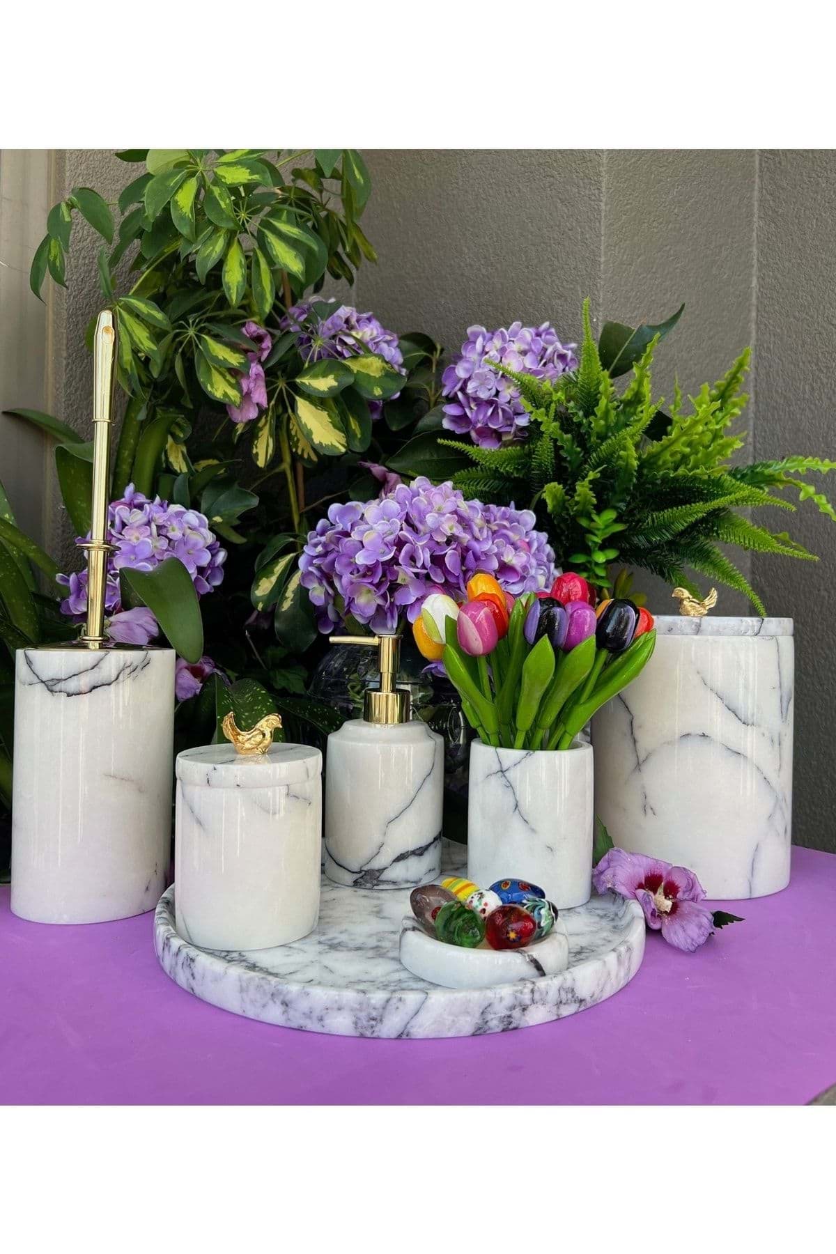 Dekoratif Leylak Beyaz Mermer Gold Serçe Detaylı 7 Li Banyo Seti Takımı resmi