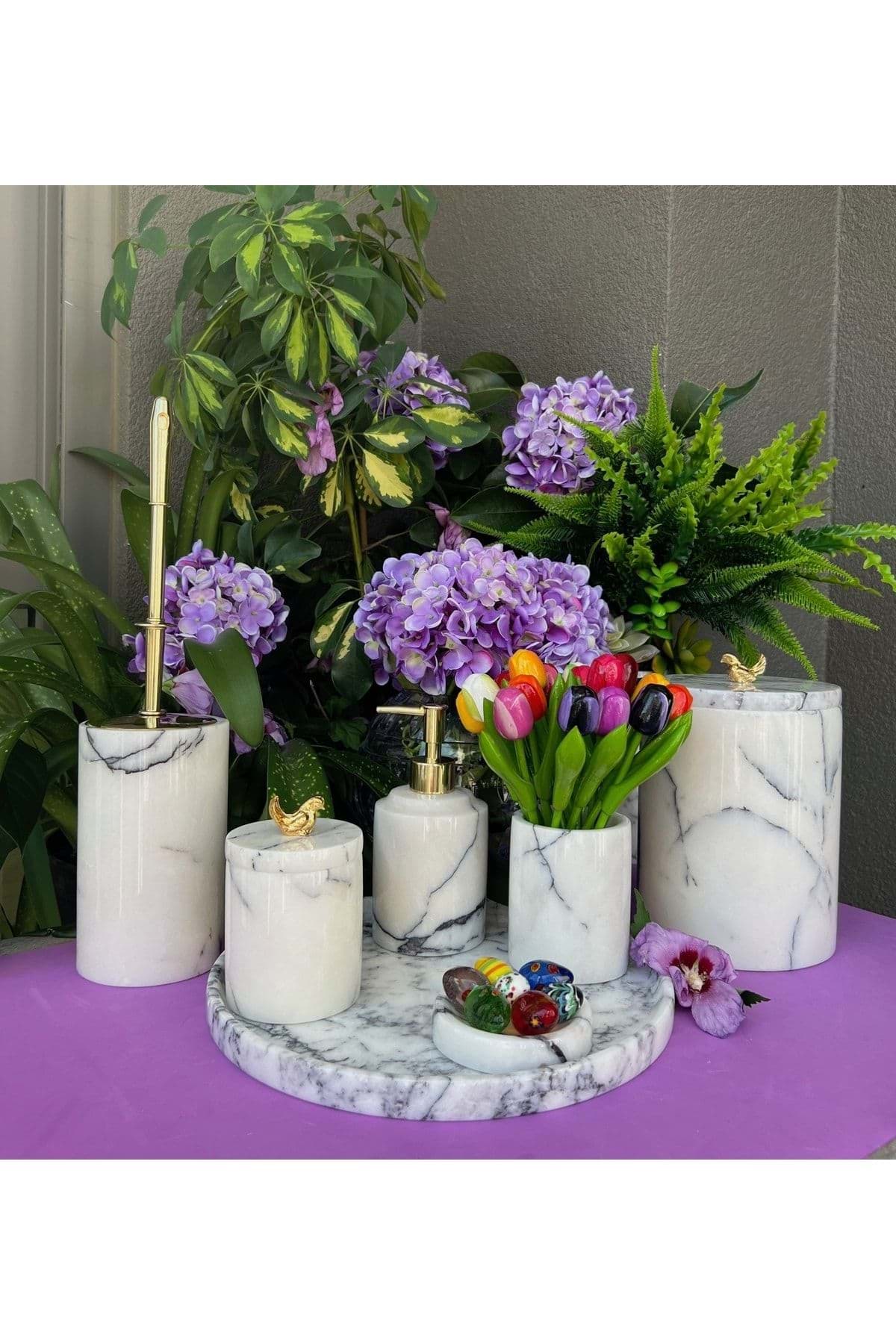 Dekoratif Leylak Beyaz Mermer Gold Serçe Detaylı 7 Li Banyo Seti Takımı resmi