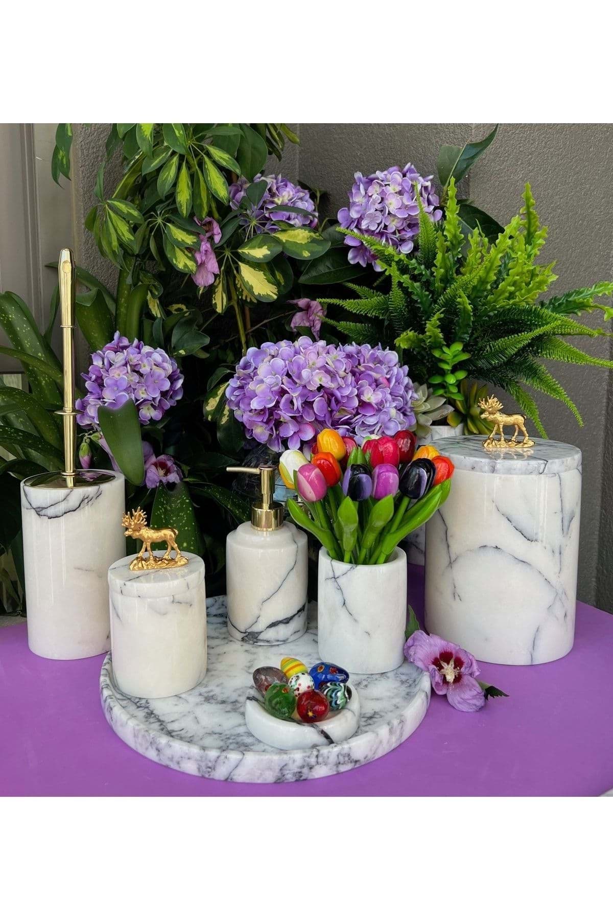 Dekoratif Leylak Beyaz Mermer Gold Ren Geyiğidetaylı 7 Li Banyo Seti Takımı resmi