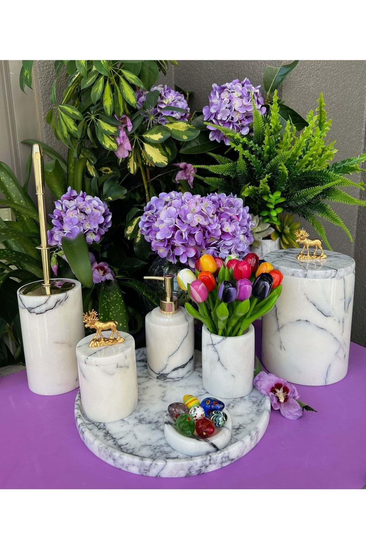 Dekoratif Leylak Beyaz Mermer Gold Ren Geyiğidetaylı 7 Li Banyo Seti Takımı resmi