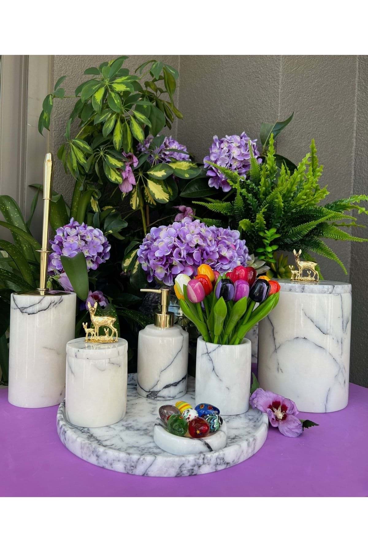 Dekoratif Leylak Beyaz Mermer Gold Ceylan Ailesi Detaylı 7 Li Banyo Seti Takımı resmi