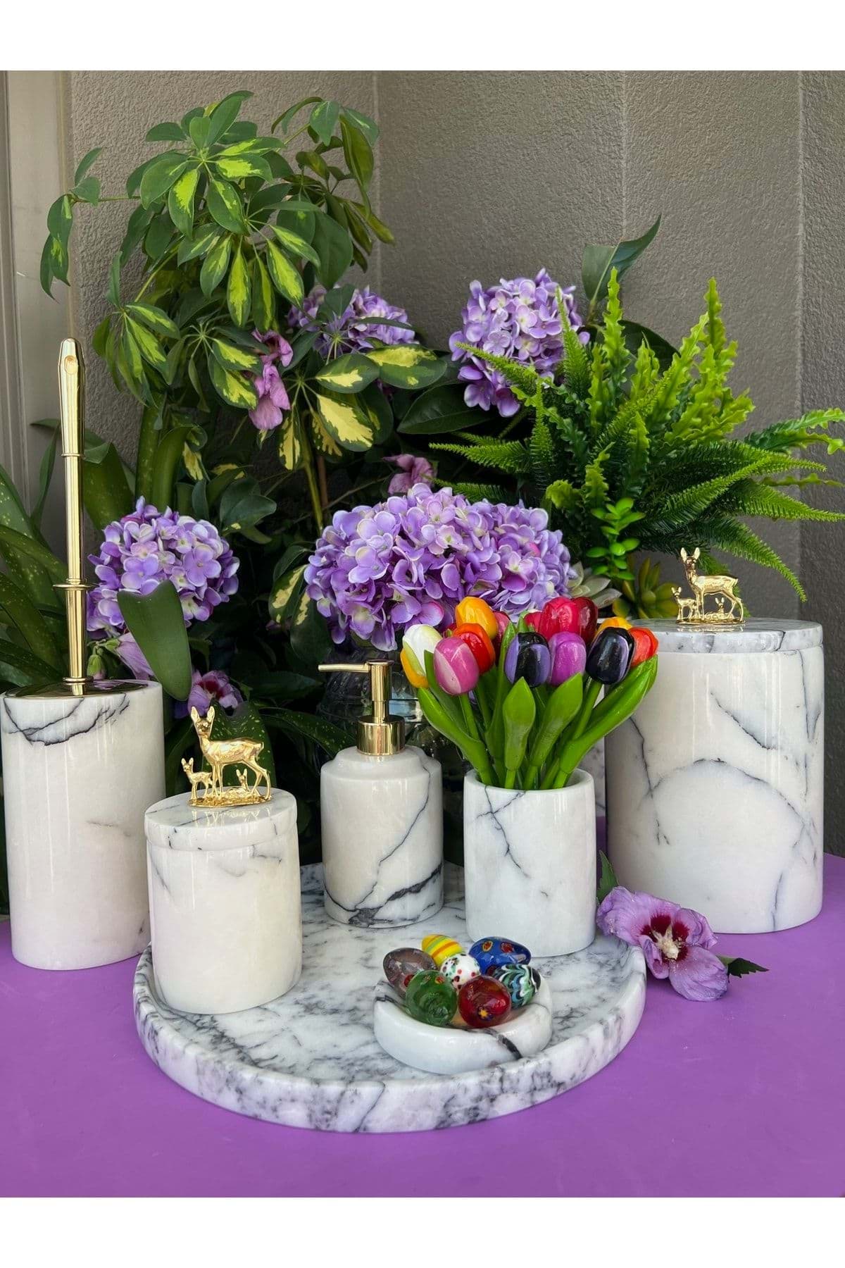 Dekoratif Leylak Beyaz Mermer Gold Ceylan Ailesi Detaylı 7 Li Banyo Seti Takımı resmi