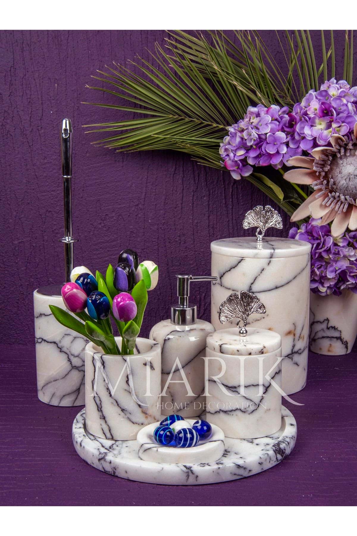 Dekoratif Leylak Beyaz Mermer Gümüş Gonk Çiçek Detaylı 7 Li Banyo Seti Takımı resmi