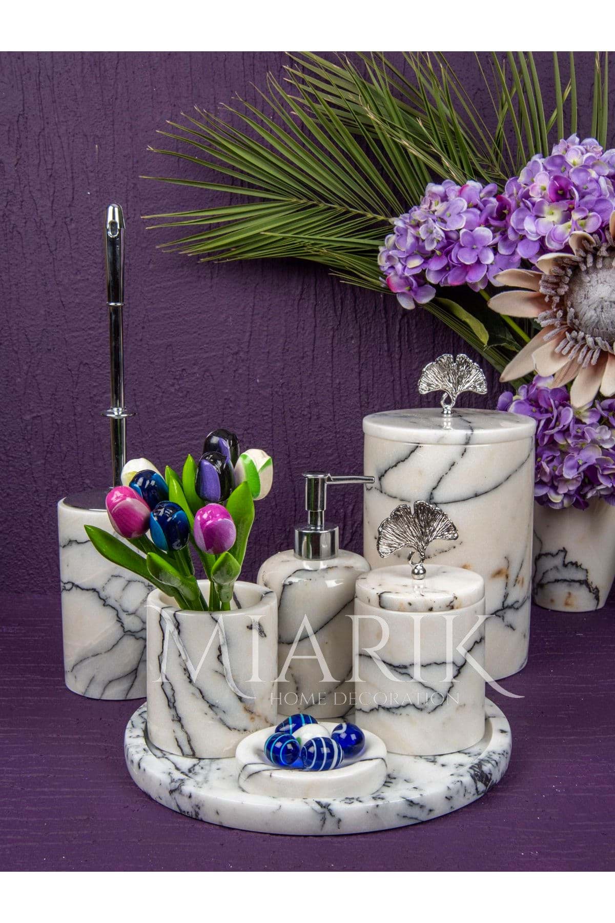 Dekoratif Leylak Beyaz Mermer Gümüş Gonk Çiçek Detaylı 7 Li Banyo Seti Takımı resmi