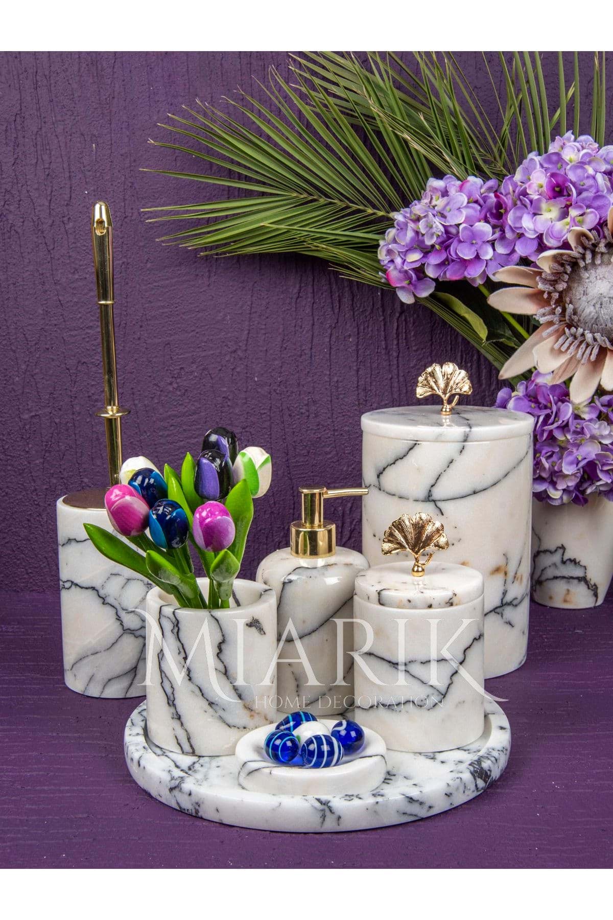 Dekoratif Leylak Beyaz Mermer Gold Gonk Çiçek Detaylı 7 Li Banyo Seti Takımı resmi