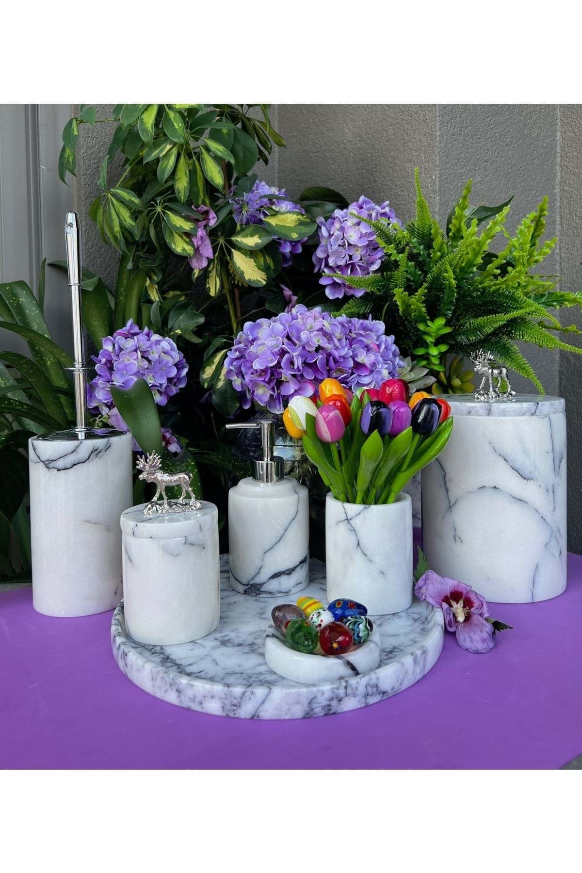 Dekoratif Leylak Beyaz Mermer Gümüş Ren Geyiği Detaylı 7 Li Banyo Seti Takımı resmi