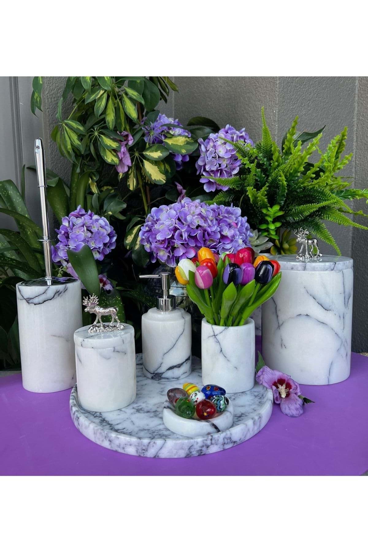 Dekoratif Leylak Beyaz Mermer Gümüş Ren Geyiği Detaylı 7 Li Banyo Seti Takımı resmi