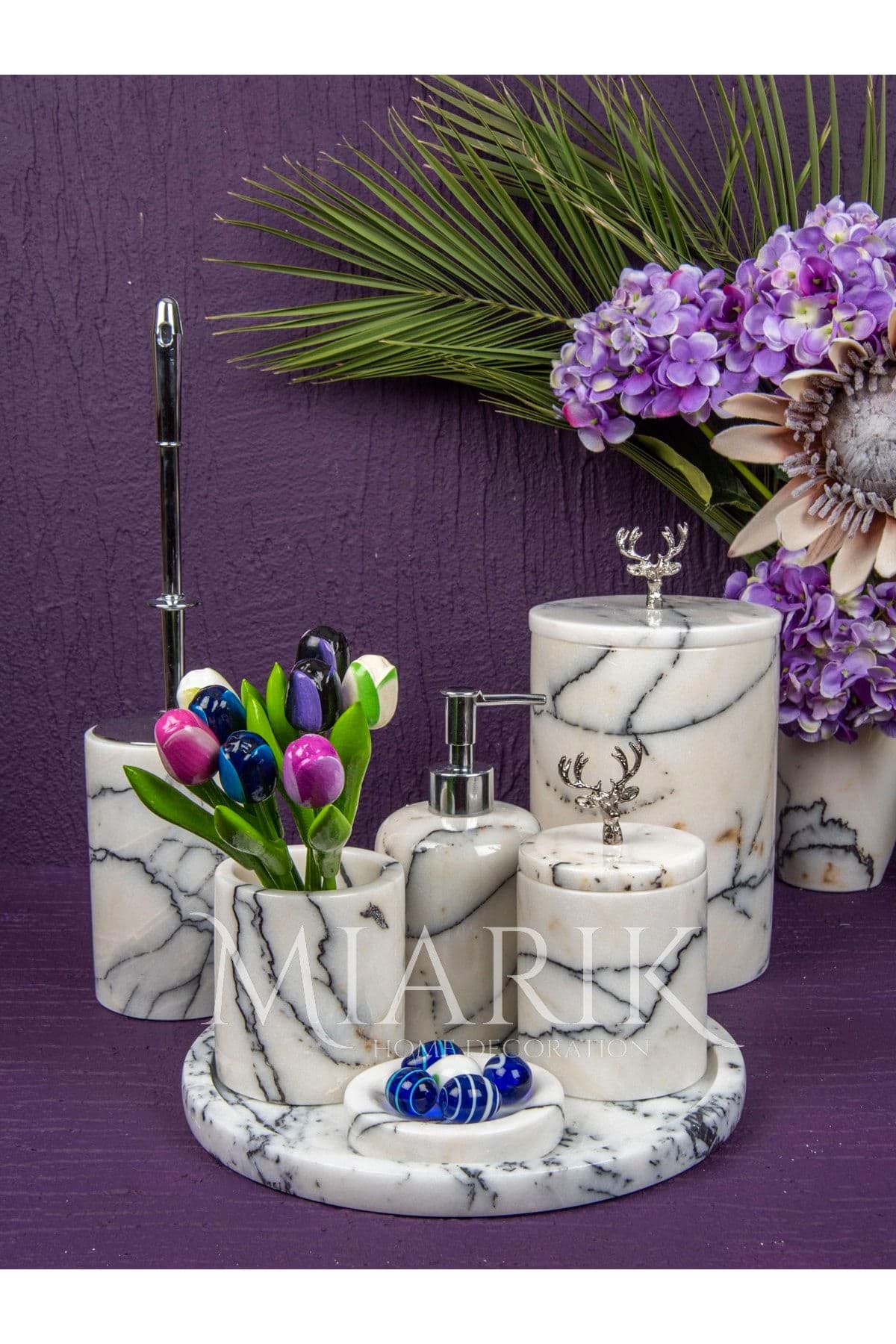 Dekoratif Leylak Beyaz Mermer Gümüş Geyik Detaylı 7 Li Banyo Seti Takımı resmi