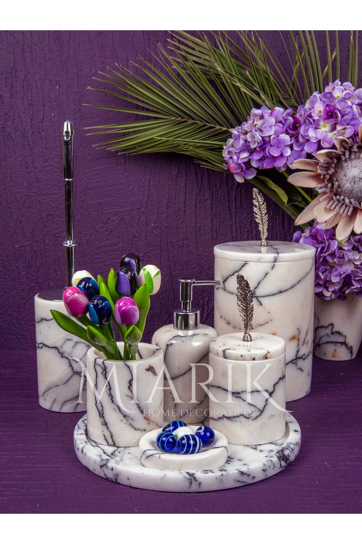 Dekoratif Leylak Beyaz Mermer Gümüş Tüy Detaylı 7 Li Banyo Seti Takımı resmi