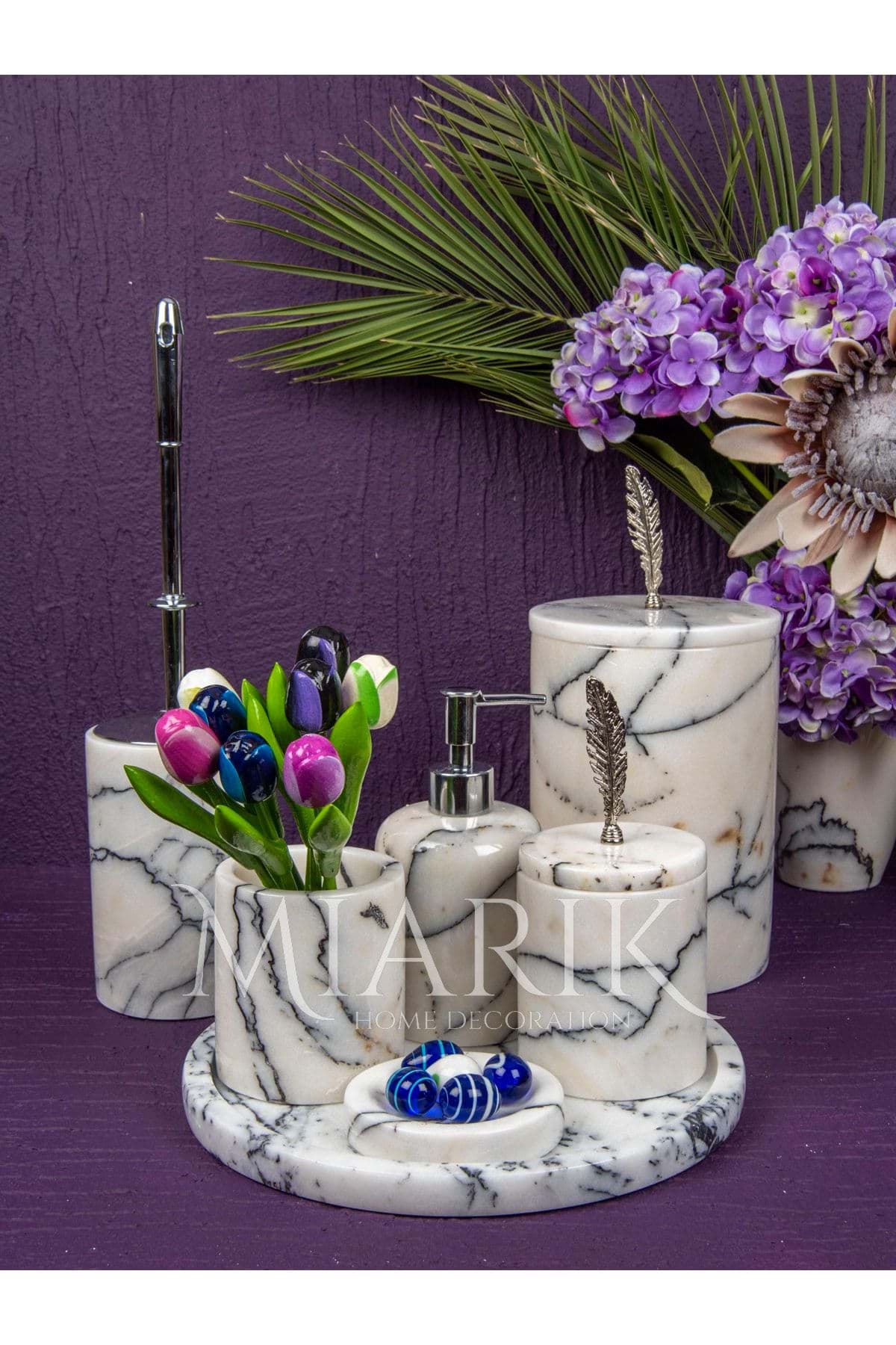 Dekoratif Leylak Beyaz Mermer Gümüş Tüy Detaylı 7 Li Banyo Seti Takımı resmi