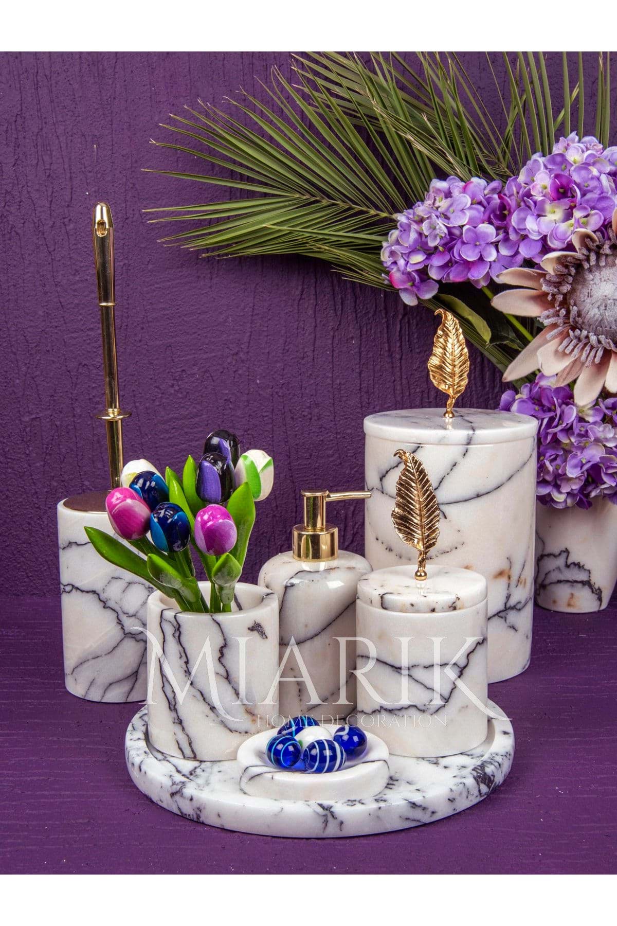 Dekoratif Leylak Beyaz Mermer Gold Yaprak Detaylı 7 Li Banyo Seti Takımı resmi