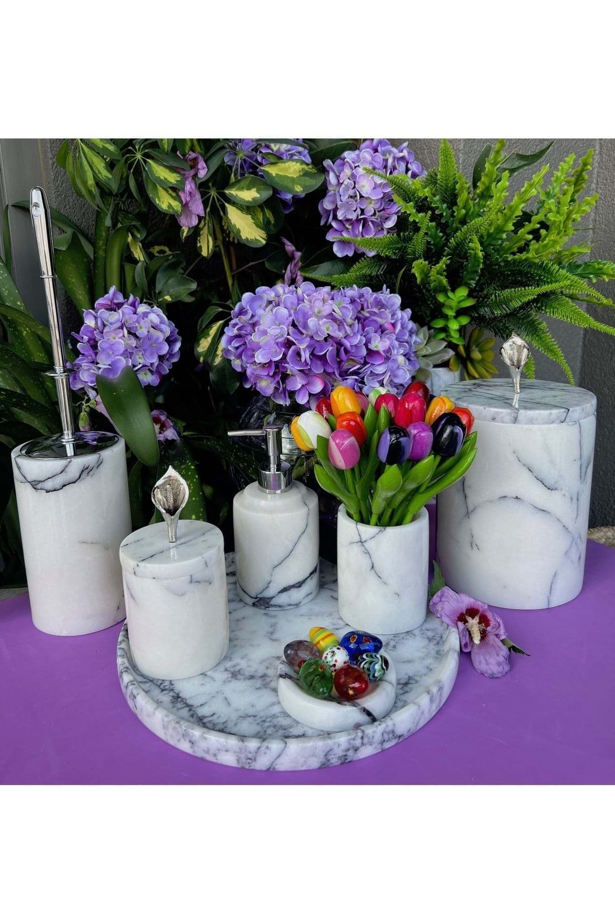 Dekoratif Leylak Beyaz Mermer Gümüş Orkide Detaylı 7 Li Banyo Seti Takımı resmi