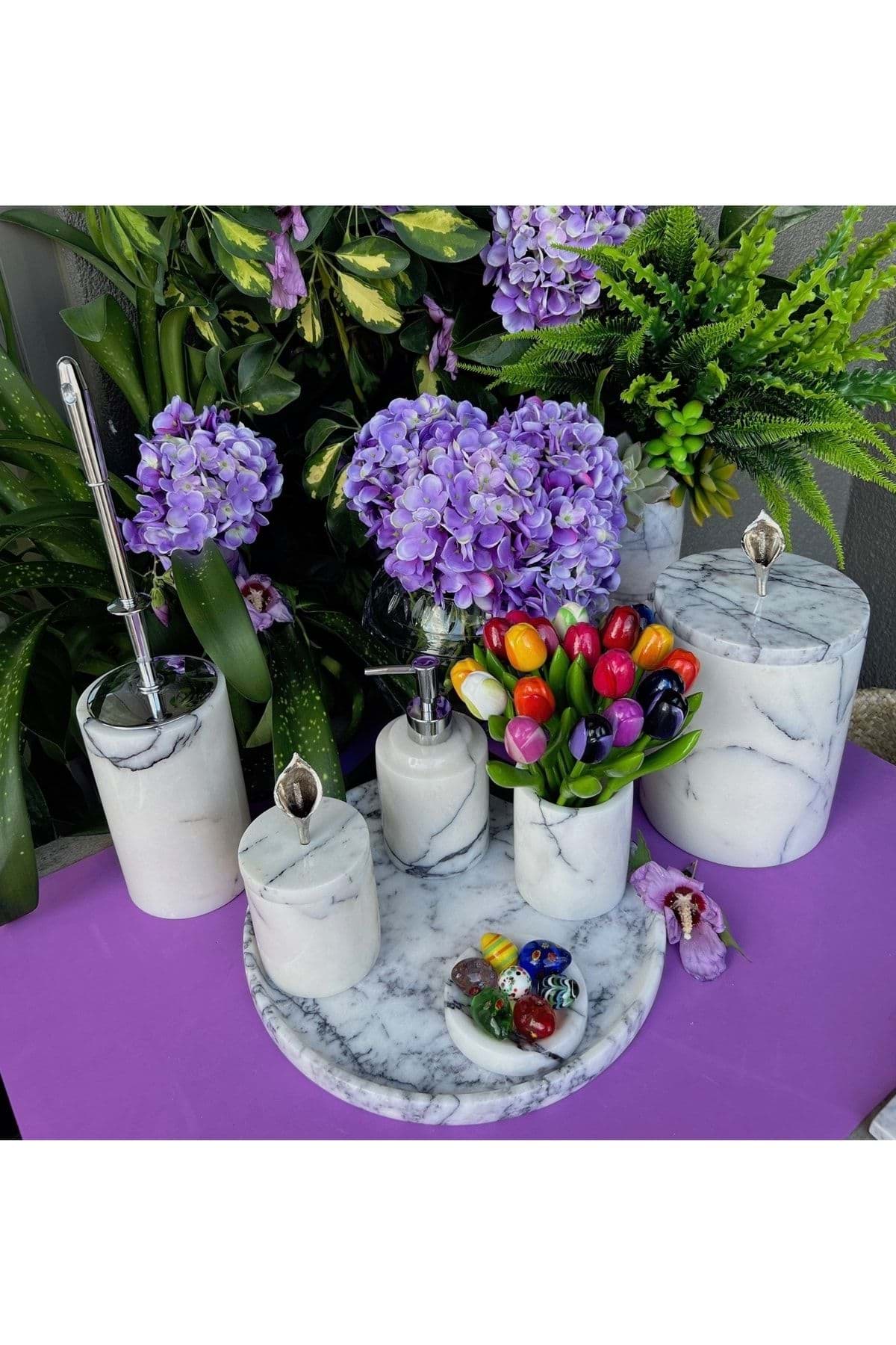 Dekoratif Leylak Beyaz Mermer Gümüş Orkide Detaylı 7 Li Banyo Seti Takımı resmi