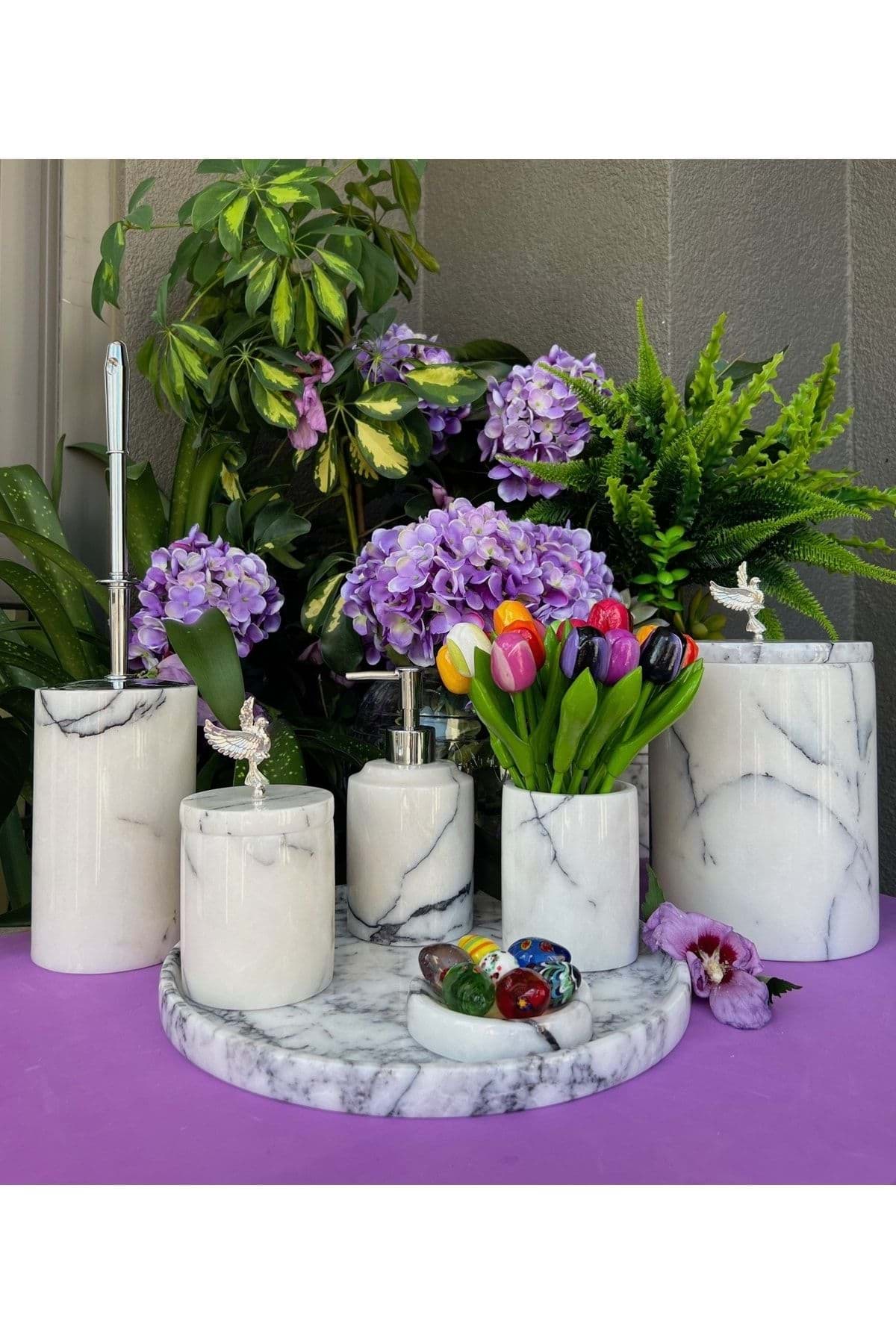 Dekoratif Leylak Beyaz Mermer Gümüş Uçan Kuş Detaylı 7 Li Banyo Seti Takımı resmi