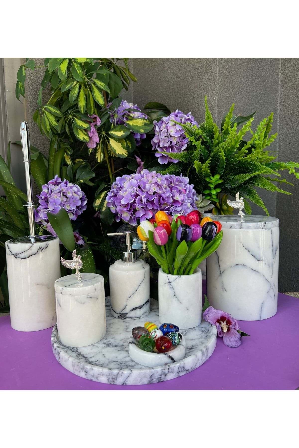 Dekoratif Leylak Beyaz Mermer Gümüş Uçan Kuş Detaylı 7 Li Banyo Seti Takımı resmi