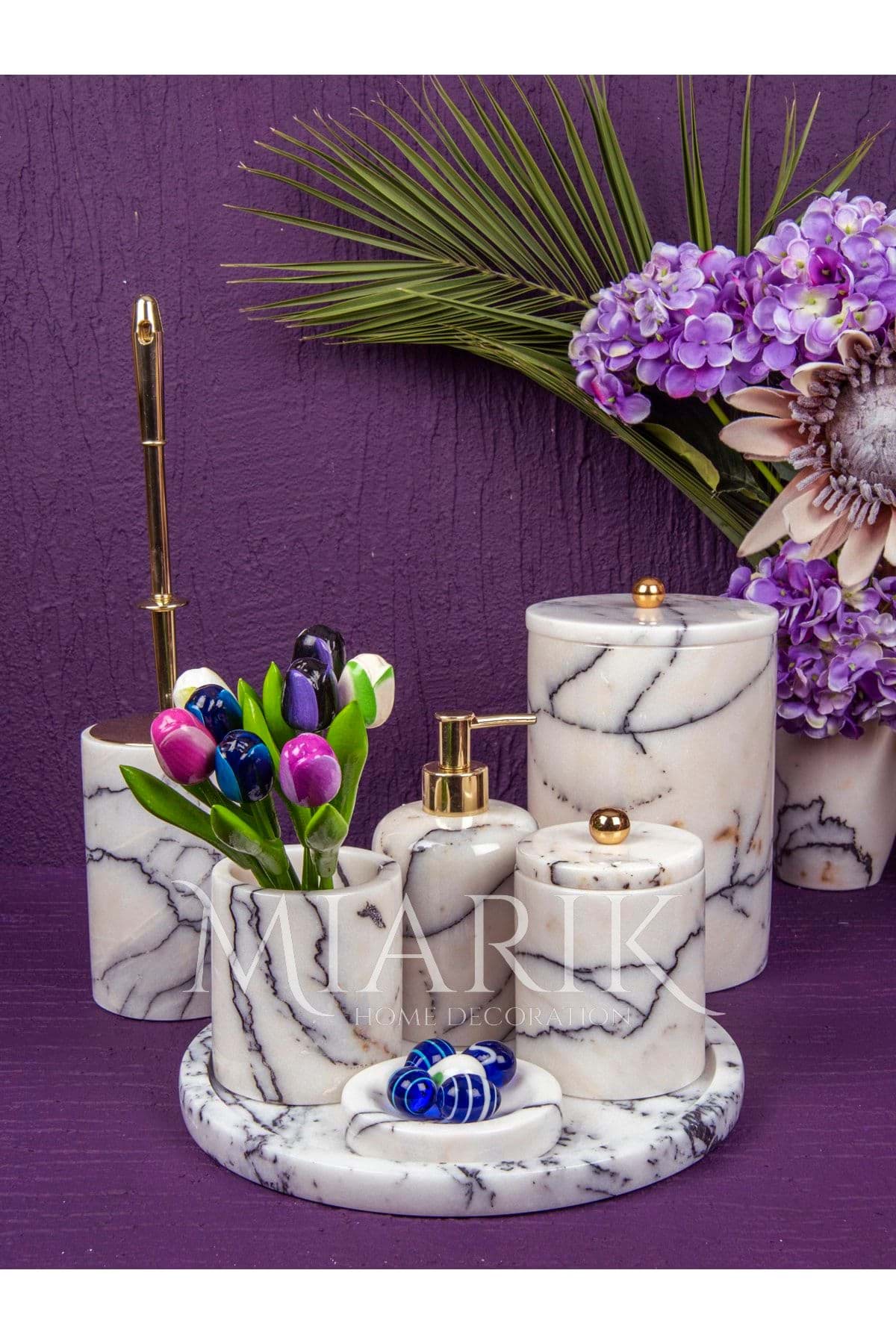 Dekoratif Leylak Beyaz Mermer Gold Top Detaylı 7 Li Banyo Seti Takımı resmi