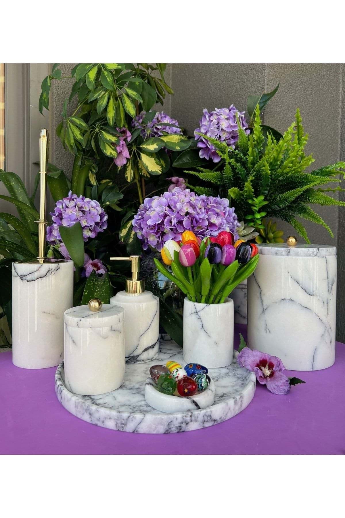 Dekoratif Leylak Beyaz Mermer Gold Top Detaylı 7 Li Banyo Seti Takımı resmi