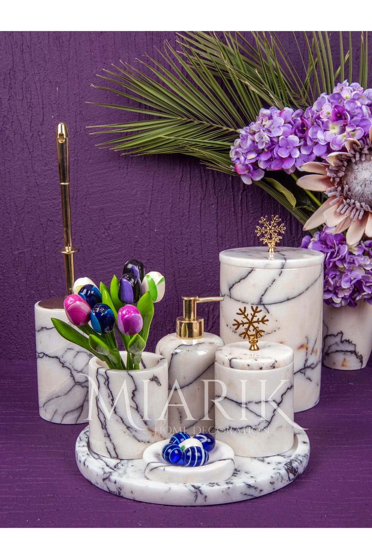 Dekoratif Leylak Beyaz Mermer Gold Kar Tanesi Detaylı 7 Li Banyo Seti Takımı resmi