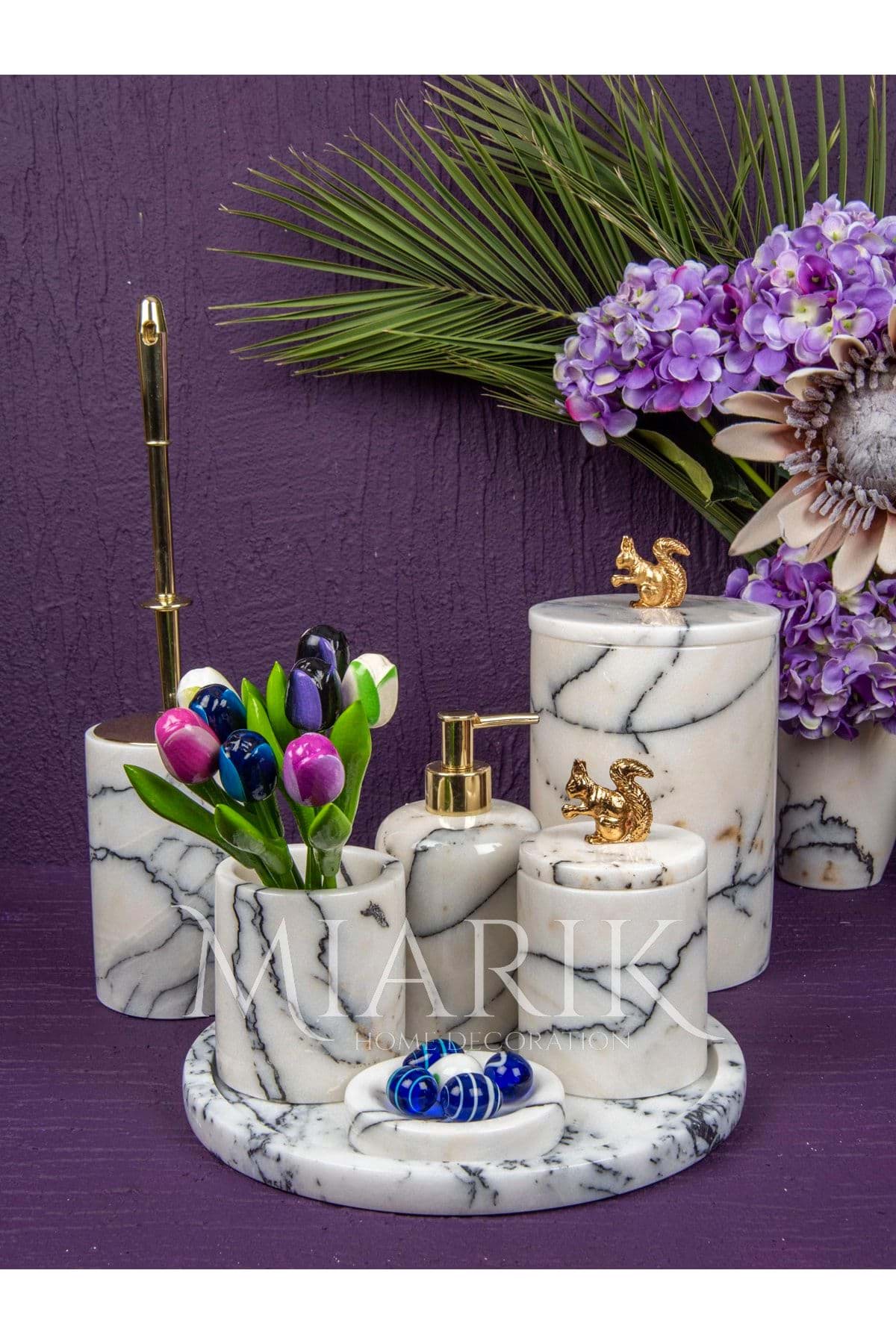 Dekoratif Leylak Beyaz Mermer Gold Sincap Detaylı 7 Li Banyo Seti Takımı resmi